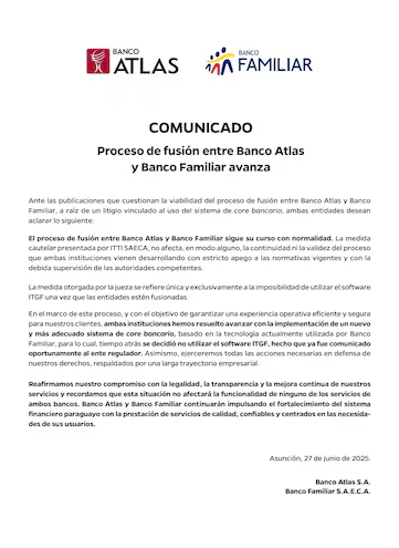 Comunicado interno del Banco Basa y por otro lado, por otro asunto, comunicado de los Bancos Atlas y Familiar, en proceso de fusión.

La realidad es literal, corrige, SIEMPRE.
Veremos.