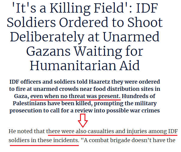 As noted by <a href="/Aizenberg55/">Aizenberg</a>: "The most dishonest aspect is headlining that the IDF faced no threats then citing testimony that the IDF suffered casualties in these incidents -- directly contradicting the entire premise of the article."