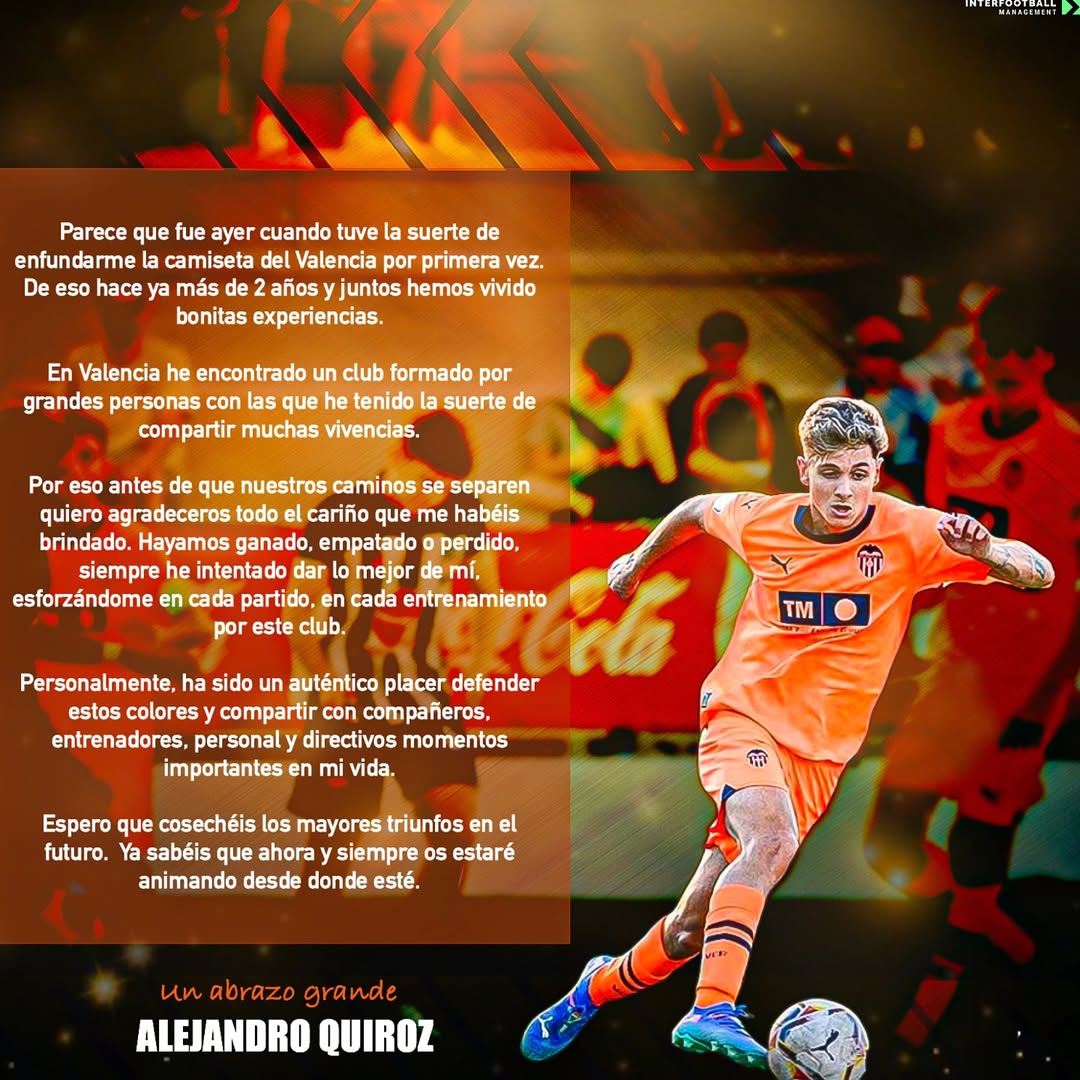 🚨 #INFO | Alejandro Quiroz (2007) se despide del <a href="/valenciacf/">Valencia CF</a>.

• El centrocampista dejará el club valenciano esta temporada para incorporarse a un club por el que firmará por 3 temporadas y jugará en la División de Honor Juvenil.