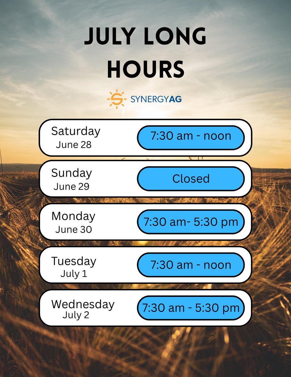 Here are our July Long office hours 🏖🌞

Have a great and safe weekend!

#SynergyAg #rootstyoucancounton #July1st