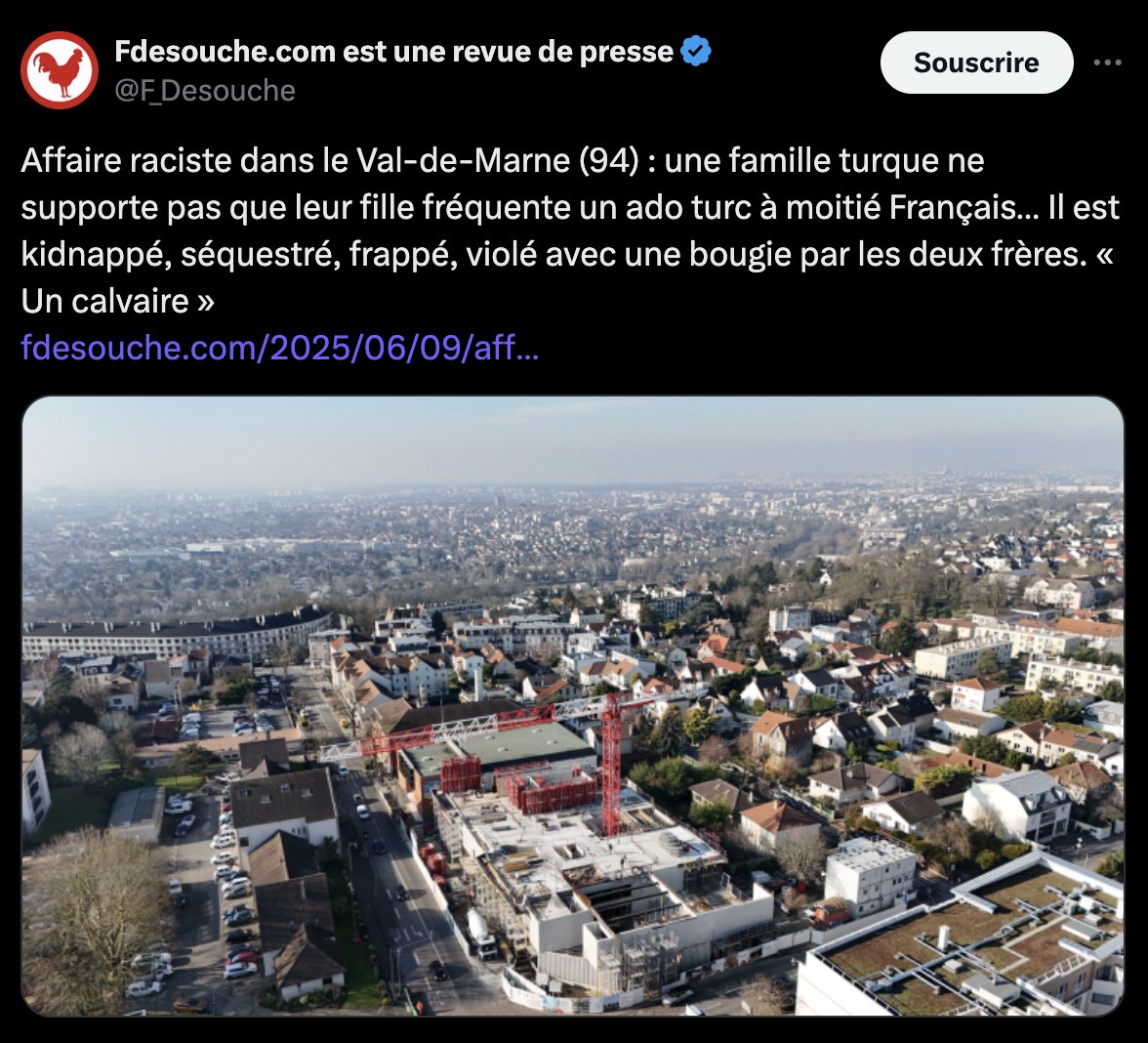 François Bousquet (@bousquet_fr) on Twitter photo Sur Franceinfo, la journaliste <a href="/ESuigo/">Elodie Suigo</a> s'interroge : "Le racisme antiblanc, il existe ou pas" ?
Aidons-la un peu :
➡️Thomas tué à Crépol au cri de "On est là pour tuer les Blancs"
➡️250 000 jeunes filles violées parce que "blanches" au Royaume-Uni
➡️Un ado séquestré, frappé, Sur Franceinfo, la journaliste <a href="/ESuigo/">Elodie Suigo</a> s'interroge : "Le racisme antiblanc, il existe ou pas" ?
Aidons-la un peu :
➡️Thomas tué à Crépol au cri de "On est là pour tuer les Blancs"
➡️250 000 jeunes filles violées parce que "blanches" au Royaume-Uni
➡️Un ado séquestré, frappé,