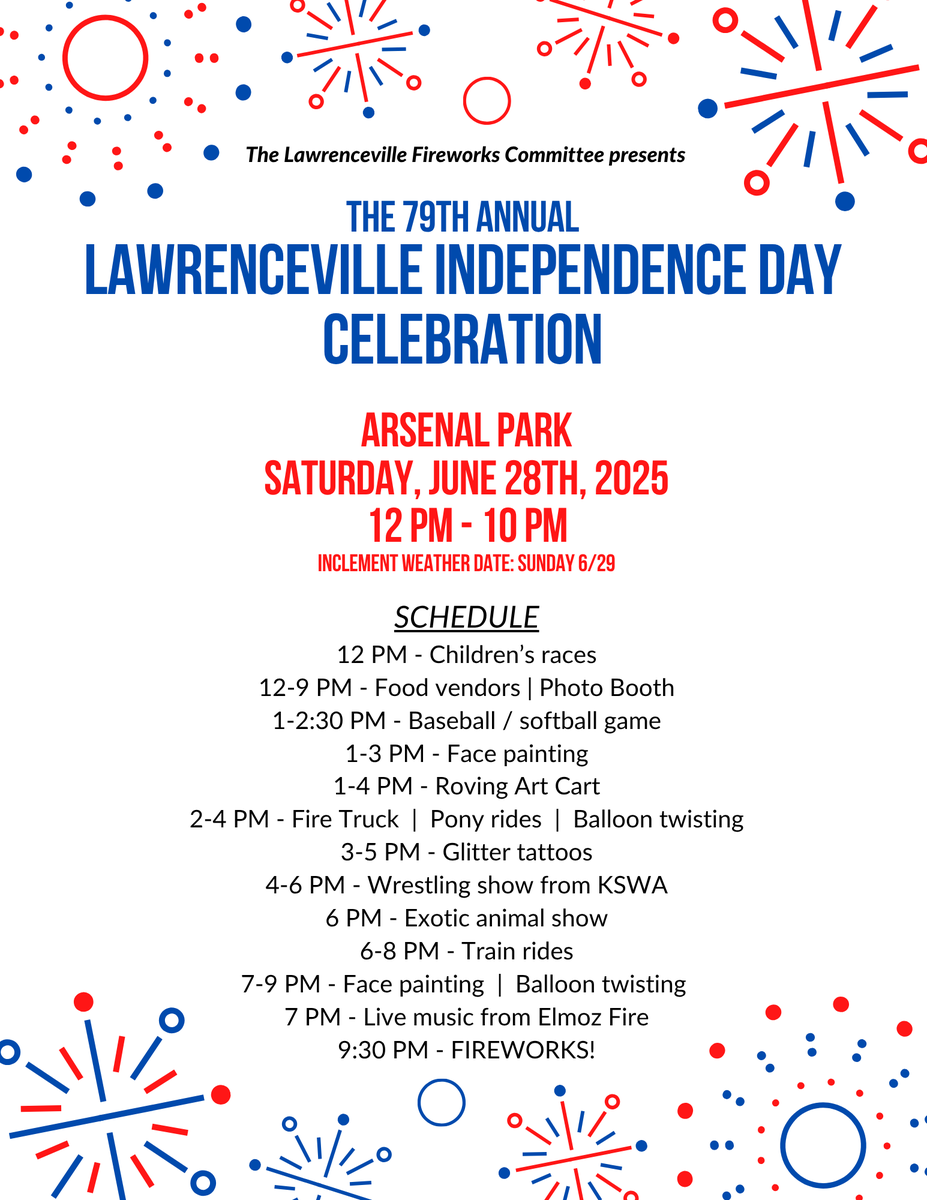Join the Lawrenceville Fireworks Committee for the 79th Annual Lawrenceville Independence Day Celebration tomorrow, Sat. 6/28 from 12-9:30 PM at Arsenal Park! Free fun all day.