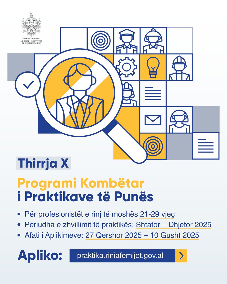 ✅ 600 vende praktike në administratë e institucione publike
✅ Trajnim i dedikuar nga ASPA
✅ Kompensim financiar gjatë praktikës
✅ Mundësi kontrate pune 1-vjeçare për 250 praktikantë

Periudha e praktikës: Shtator – Dhjetor 2025

📌 Aplikimet: 27 Qershor – 10 Gusht 2025