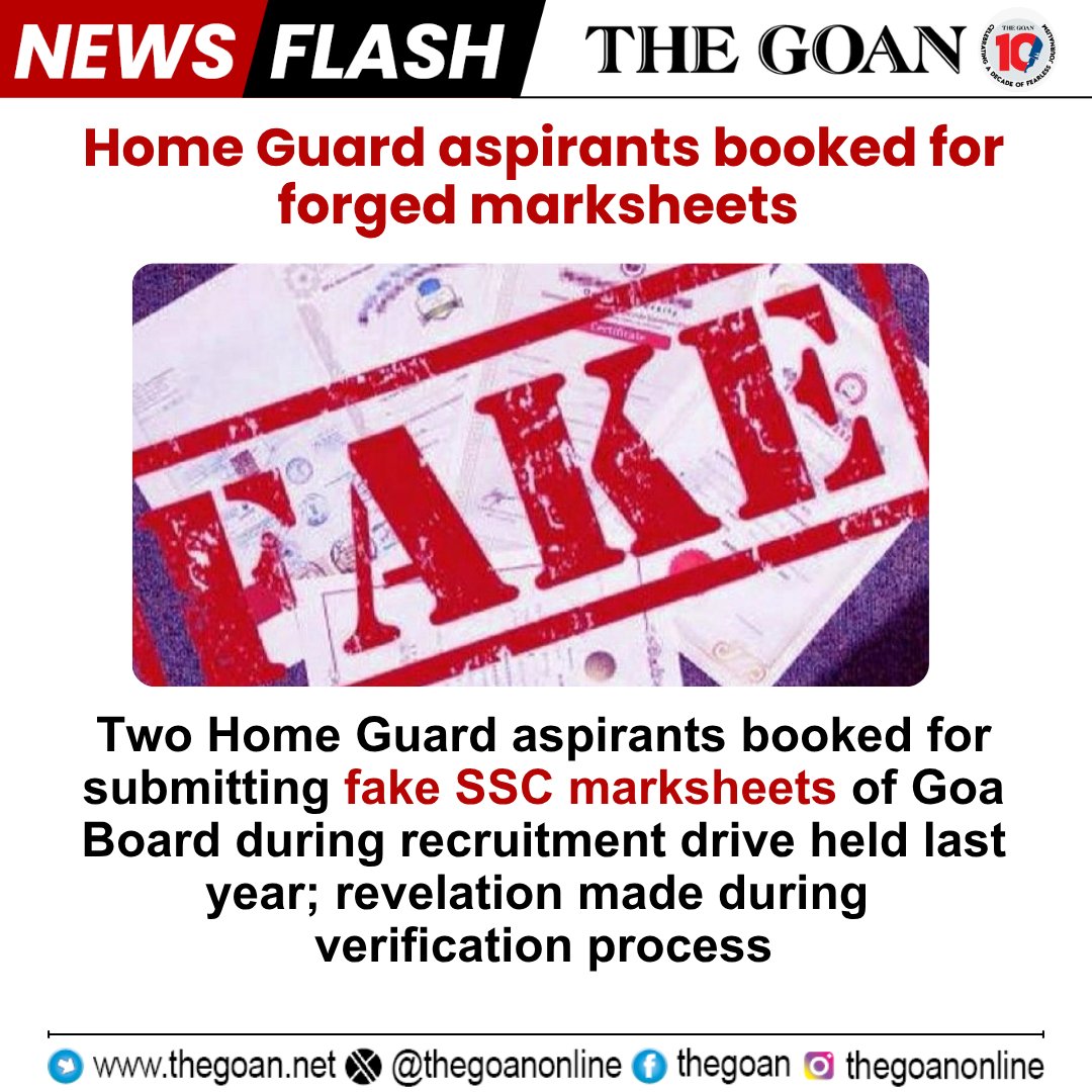 thegoanonline's tweet photo. Two Home Guard aspirants booked for submitting #fakeSSC marksheets of #GoaBoard during recruitment drive held last year; revelation made during verification process
#Homeguard @spnorthgoa @Goa_Police #Homeguards https://t.co/DQgCvbcmkT