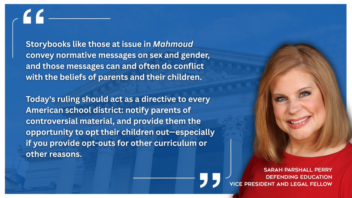 Defending Education (@defendinged) on Twitter photo BREAKING: In a 6–3 decision, SCOTUS upholds the rights of religious parents to opt their children out of LGBTQ-themed curriculum in Mahmoud v. Taylor.
Defending Ed’s <a href="/SarahPPerry/">Sarah Parshall Perry</a> weighs in. BREAKING: In a 6–3 decision, SCOTUS upholds the rights of religious parents to opt their children out of LGBTQ-themed curriculum in Mahmoud v. Taylor.
Defending Ed’s <a href="/SarahPPerry/">Sarah Parshall Perry</a> weighs in.