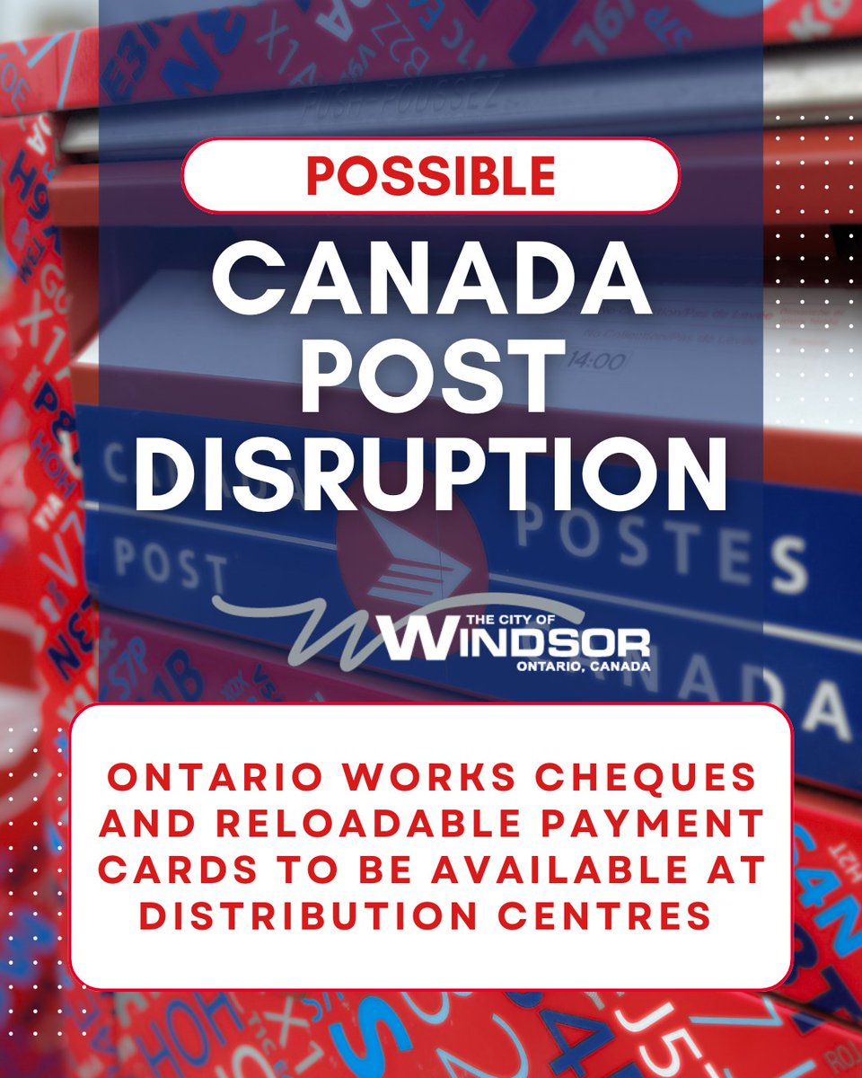 CityWindsorON's tweet image. July #OntarioWorks cheques and reloadable payment cards will be available at distribution centres in Windsor and Leamington due to the ongoing potential for a #CanadaPost disruption. Learn more about distribution dates and locations here:
citywindsor.ca/newsroom/in-pe… #YQG