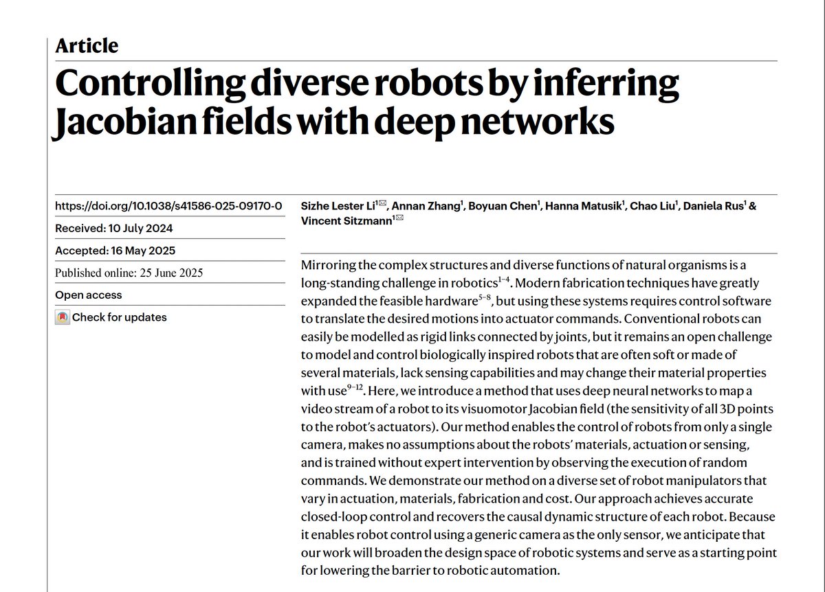 sizhe_lester_li's tweet image. Now in Nature! 🚀 Our method learns a controllable 3D model of any robot from vision, enabling single-camera closed-loop control at test time! This includes robots previously uncontrollable, soft, and bio-inspired, potentially lowering the barrier of entry to automation!
Paper:…