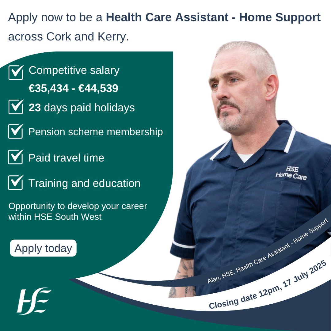 HSESouthWest (@hsesouthwest) on Twitter photo 👥Join us as a Health Care Assistant - Home Support in #Cork and #Kerry
🤝Make a difference in your community.
📌Apply here: bit.ly/HomeSupportHCA
📚Learn more: bit.ly/HSECareerHub
<a href="/HSELive/">HSE Ireland</a>
#NowHiring #HomeSupportHCA #CorkJobs #KerryJobs 👥Join us as a Health Care Assistant - Home Support in #Cork and #Kerry
🤝Make a difference in your community.
📌Apply here: bit.ly/HomeSupportHCA
📚Learn more: bit.ly/HSECareerHub
<a href="/HSELive/">HSE Ireland</a>
#NowHiring #HomeSupportHCA #CorkJobs #KerryJobs