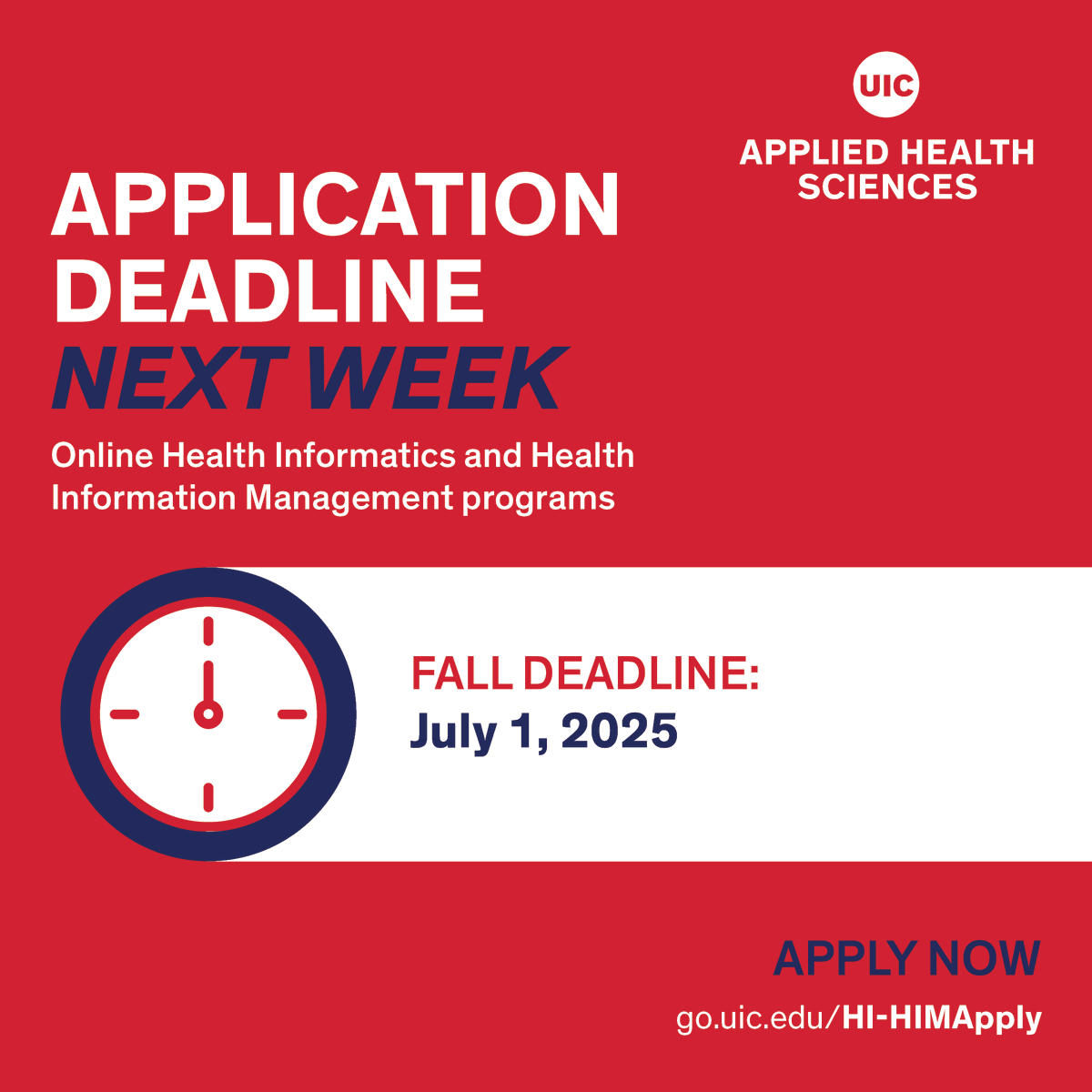 UIC College of Applied Health Sciences (@uicahs) on Twitter photo The Online Health Informatics and Health Information Management Fall Application Deadline is on July 1!
Get started on your application today: go.uic.edu/HI-HIMApply The Online Health Informatics and Health Information Management Fall Application Deadline is on July 1!
Get started on your application today: go.uic.edu/HI-HIMApply