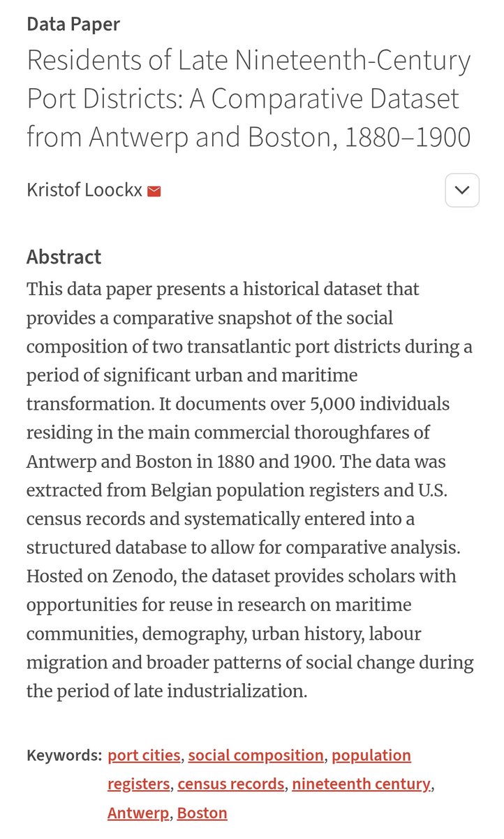 Journal of Open Humanities Data (JOHD) (@up_johd) on Twitter photo #johdpapers
New #datapaper published!
📃Residents of Late Nineteenth-Century Port Districts: A Comparative Dataset from Antwerp and Boston, 1880–1900
🖋️<a href="/KristofLoockx/">Kristof Loockx</a>
Read it at👉doi.org/10.5334/johd.3…
#SocialComposition #CensusRecords #johdpapers
New #datapaper published!
📃Residents of Late Nineteenth-Century Port Districts: A Comparative Dataset from Antwerp and Boston, 1880–1900
🖋️<a href="/KristofLoockx/">Kristof Loockx</a>
Read it at👉doi.org/10.5334/johd.3…
#SocialComposition #CensusRecords