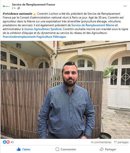 Un grand bravo à Corentin Lochon, membre du CA de #JeunesAgriculteurs, qui vient d'être élu président de Service de Remplacement France 👏
📸facebook.com/servicederempl…