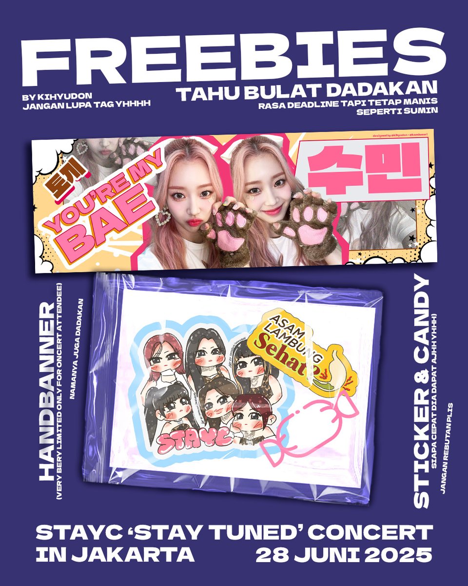 kihyudon's tweet photo. STAYC STAY TUNED in Jakarta
freebies dadakan rasa tahu bulat by @kihyudon 

📍 BASKET HALL GBK 
💕 RT + like, no need follow yhhh

siapa cepat dia dapat ajhh, SEE YOU SWITH 💕

#STAYC #스테이씨 #STAY_TUNED #STAY_TUNED_IN_JAKARTA #STAYCinJKT @STAYC_official https://t.co/17GzPpsTq7