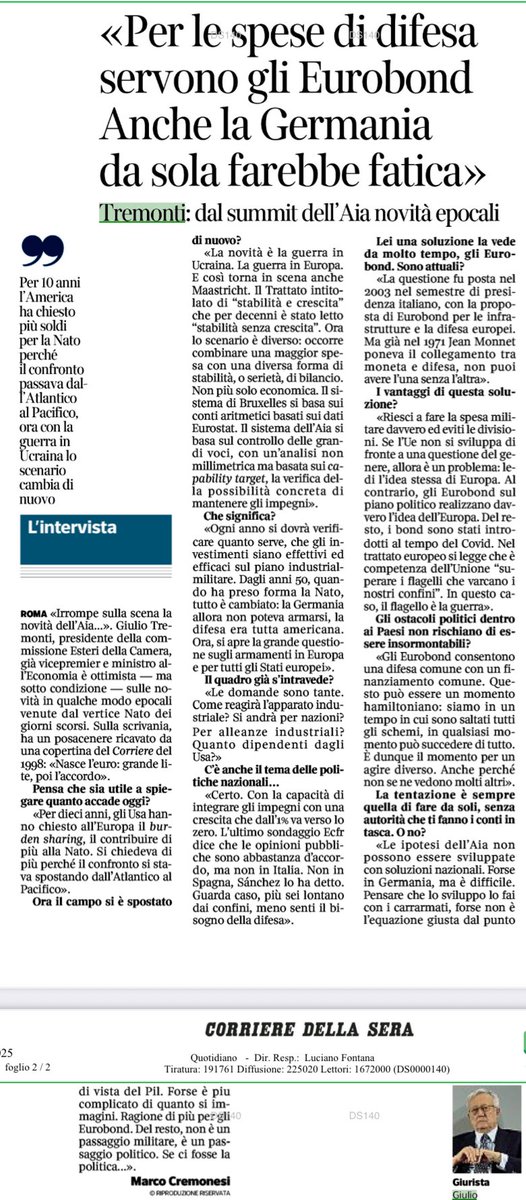 Giulio_Tremonti's tweet photo. “…gli Eurobond realizzano davvero l'idea dell’Europa.”  Una mia intervista al Corriere. https://t.co/1bxTJ5QoOw