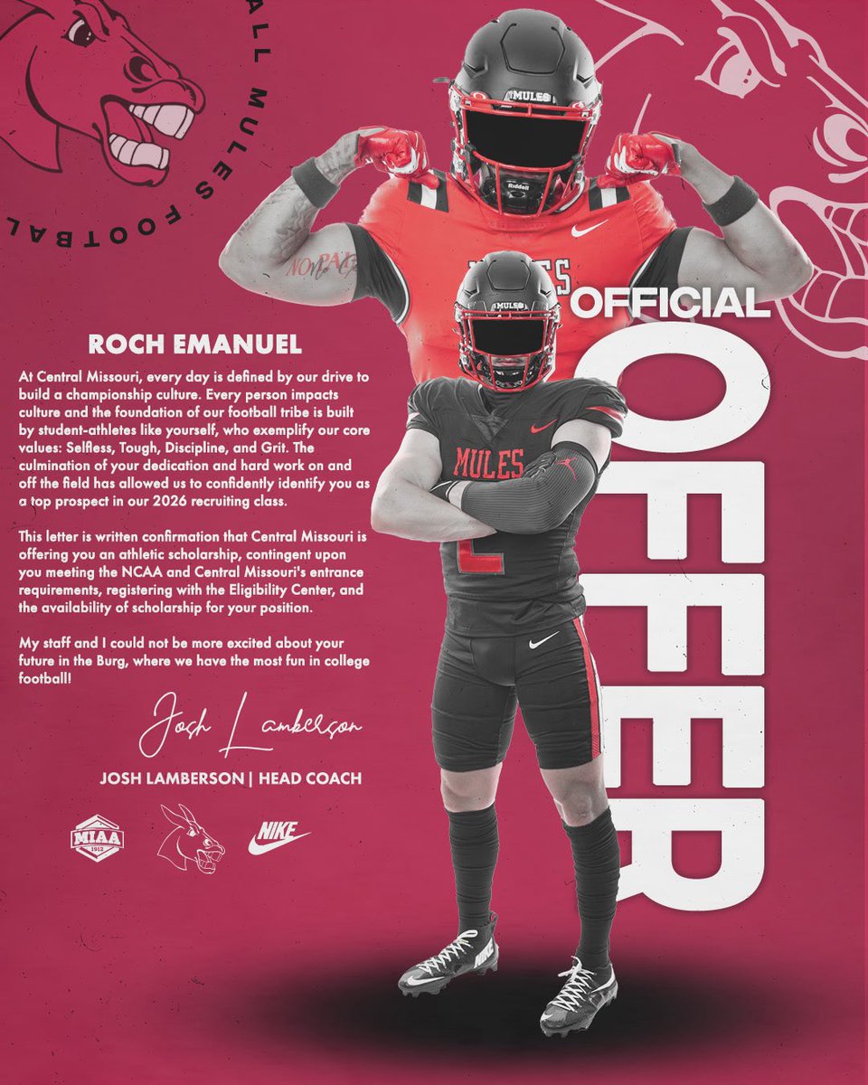 Roch Emanuel (@rochemanuel12) on Twitter photo After a great workout and meeting, with <a href="/UCMFootballTeam/">Mules Football</a> I’m extremely excited to announce an offer from the University of Central Missouri!
<a href="/JoshLamberson/">Coach Lambo</a> <a href="/CoachWrightD/">Rich Wright</a> <a href="/PiratesPiperFB/">Piper Pirates Football</a> <a href="/coleworld50/">Coach Orrick</a> <a href="/sbruning29/">Sam Bruning</a> <a href="/DrewEmanuel2/">Drew Emanuel</a> After a great workout and meeting, with <a href="/UCMFootballTeam/">Mules Football</a> I’m extremely excited to announce an offer from the University of Central Missouri!
<a href="/JoshLamberson/">Coach Lambo</a> <a href="/CoachWrightD/">Rich Wright</a> <a href="/PiratesPiperFB/">Piper Pirates Football</a> <a href="/coleworld50/">Coach Orrick</a> <a href="/sbruning29/">Sam Bruning</a> <a href="/DrewEmanuel2/">Drew Emanuel</a>