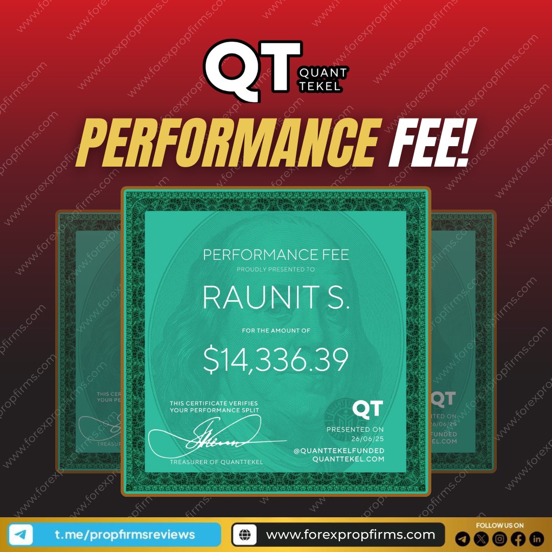 propfirms's tweet photo. 💸 Quant Tekel Performance Payout!
Raunit S. secures $14,336.39 for consistent, disciplined trading 👏
🔹 Transparent splits
🔹 Certified payouts
🔹 Real rewards for real skill
@QuantTekel #PerformanceFee #PropFirmPayout #ForexPropFirms #FundedTraderMilestone https://t.co/CLWm14RYsD