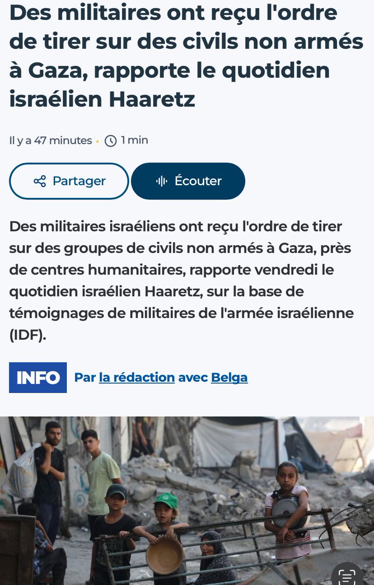 Des soldats israéliens témoignent dans le journal Haaretz avoir reçu l’ordre de tirer sur les civils de gazaouis près des centres « humanitaires ». 

Une preuve de plus de la volonté génocidaire. Le gouvernement israélien d’extrême droite n’aura comme limites que celles qui lui