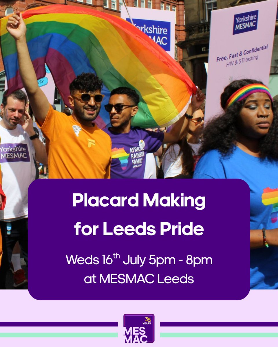 MESMAC (@mesmachealth) on Twitter photo Get ready for <a href="/LeedsPride/">Leeds Pride</a> with us!
We’ll be hosting a placard making session at our Leeds base next month - come along and then join us in the parade at the weekend 💜🌈🏳️⚧️ Get ready for <a href="/LeedsPride/">Leeds Pride</a> with us!
We’ll be hosting a placard making session at our Leeds base next month - come along and then join us in the parade at the weekend 💜🌈🏳️⚧️