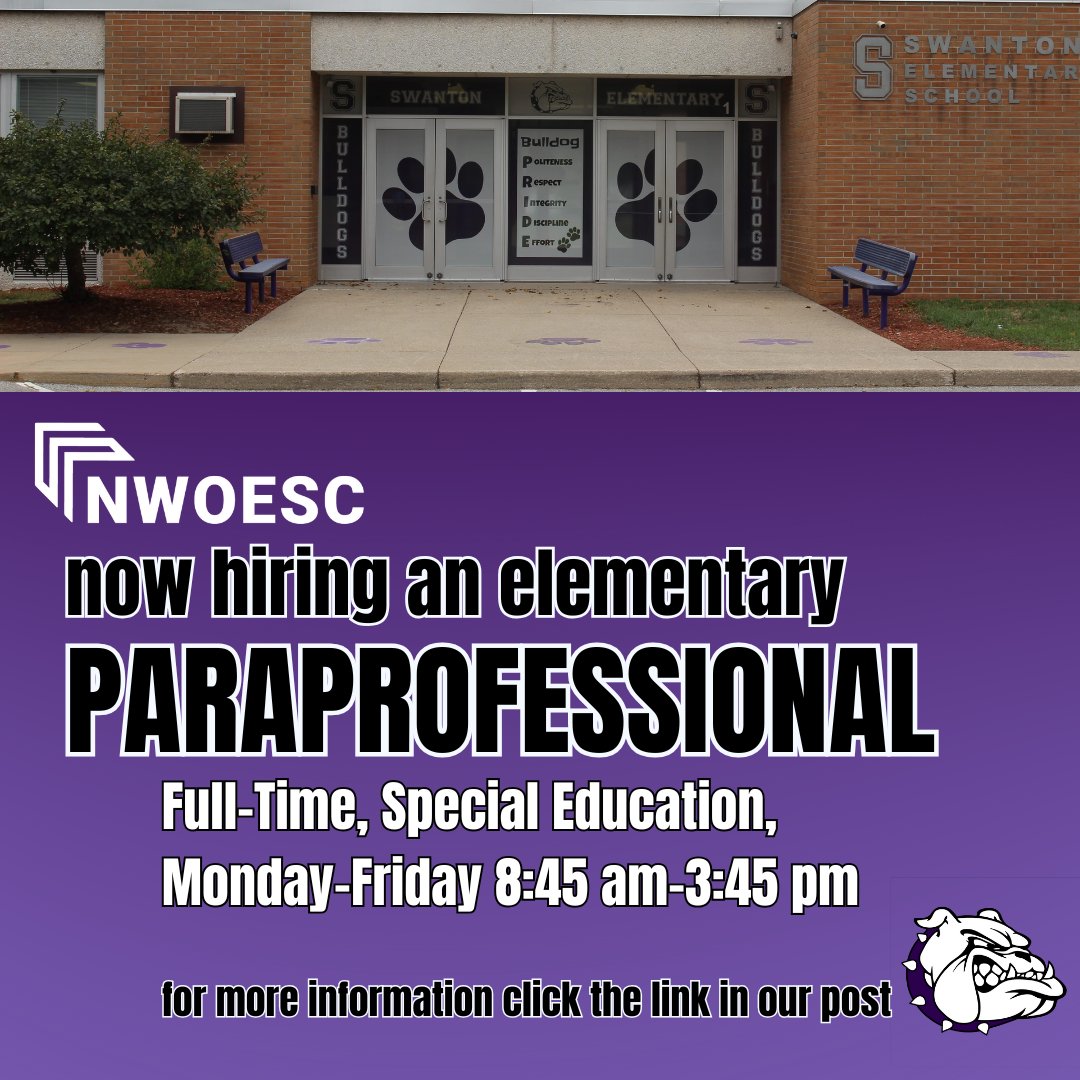 It's a great time to apply for the open position at Swanton Elementary school: nwoesc.schoolspring.com/?jobid=5197483
