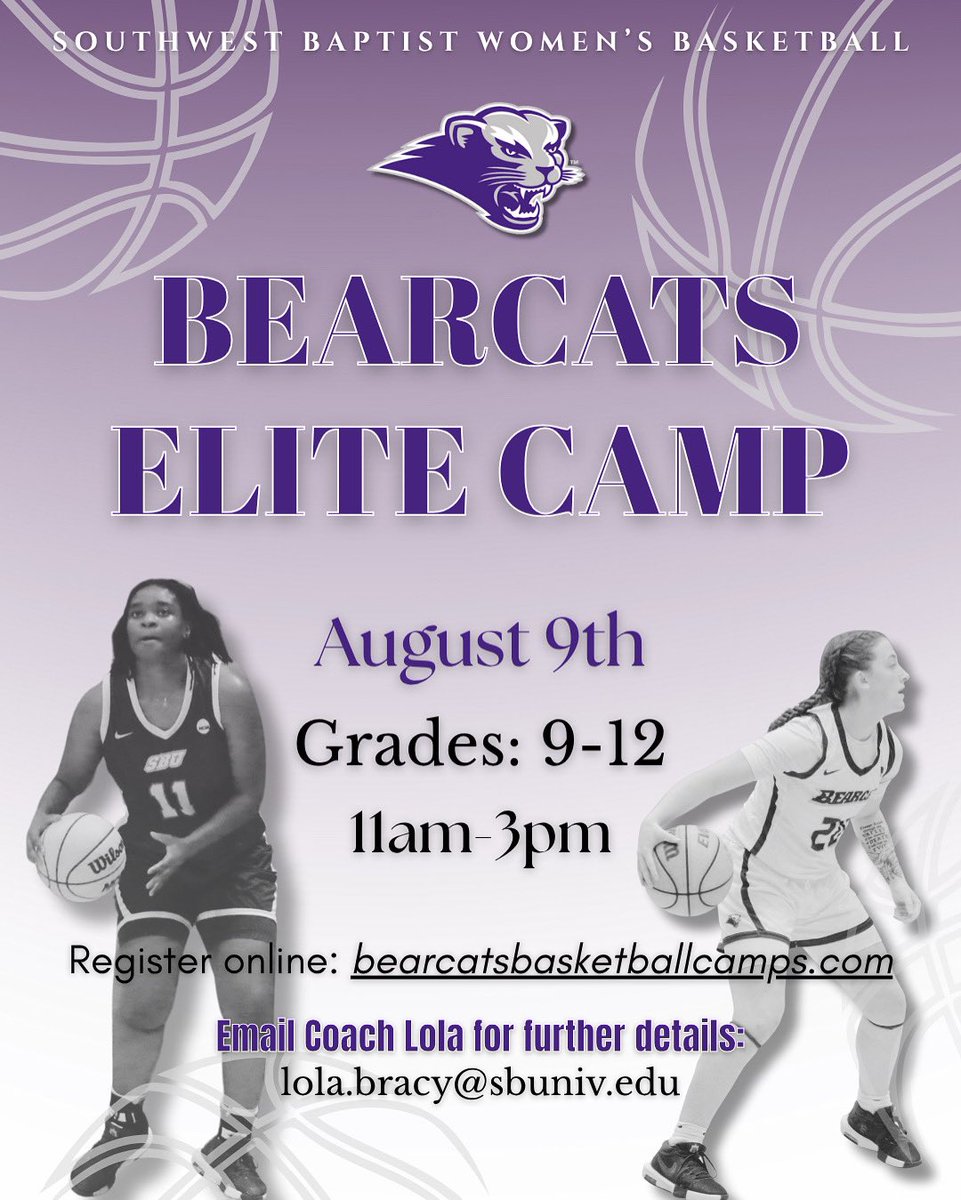 SBU Bearcats WBB (@sbubearcatswbb) on Twitter photo Our Bearcats Elite Camp is now set for August 9th‼️ Don’t miss this opportunity to compete, develop your skills, and elevate your game! 🏀 Sign up TODAY‼️🚨
•
Email Coach Lola for more information:
lola.bracy@sbuniv.edu Our Bearcats Elite Camp is now set for August 9th‼️ Don’t miss this opportunity to compete, develop your skills, and elevate your game! 🏀 Sign up TODAY‼️🚨
•
Email Coach Lola for more information:
lola.bracy@sbuniv.edu