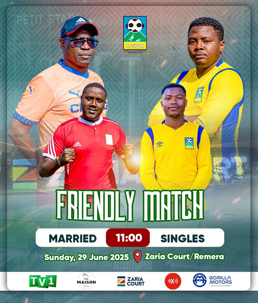 AJSPOR Unity Day 2025 🇷🇼

🗓️ Sunday, 29th June 2025

🕯️ KWIBUKA

📍 Nyanza Genocide Memorial

🕘 9:00 AM

⚽ Friendly Match: Married vs Singles (5-a-side)

📍 Zaria Court, Remera

🕚 11:00 AM
