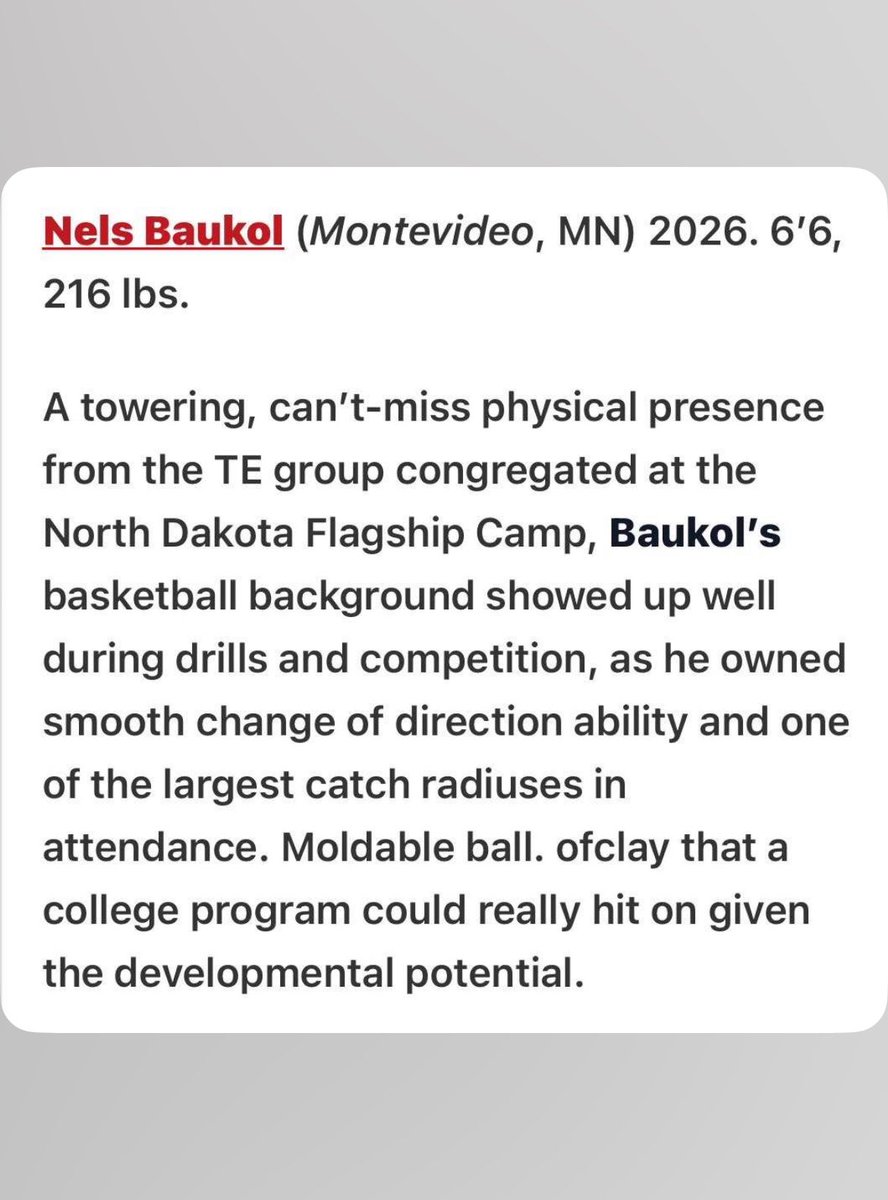 Nels Baukol (@nelsbaukol84) on Twitter photo Blessed to announce I have been selected for the UND All-Camp Team. Thank you <a href="/OJW_Scouting/">PrepRedzone Oliver</a> for the write up!! Blessed to announce I have been selected for the UND All-Camp Team. Thank you <a href="/OJW_Scouting/">PrepRedzone Oliver</a> for the write up!!
