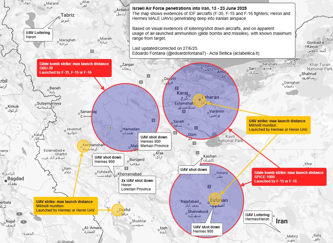 EdoardoFontana7's tweet image. Mappa delle penetrazioni dell&apos;aviazione israeliana in Iran, dal 13 al 23 giugno.

Basata su evidenze visive: UAV abbattuti/ripresi (in bianco) e apparente impiego di armi aviolanciate (giallo e rosso).

Velivoli non-stealth (F-15/16, Hermes o Heron) hanno operato in profondità.