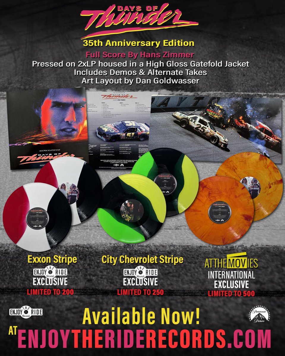 Now Available at EnjoyTheRideRecords.com: Top Gun Score Composed by Harold Faltermeyer and the 35th Anniversary Edition Days Of Thunder, Music by Hans Zimmer. These beautiful color variants are limited edition and won't be repressed in these colorways again, so don't miss out!