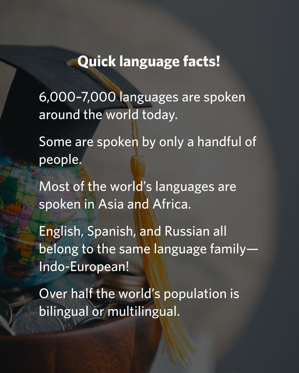 🌍 Language is full of surprises! Did you know over half the world is bilingual? Or that English, Spanish &amp; Russian share the same language family? With 7,000+ languages spoken today, there’s always more to explore. Ready to learn? bit.ly/4c7QswI 

#LanguageFacts