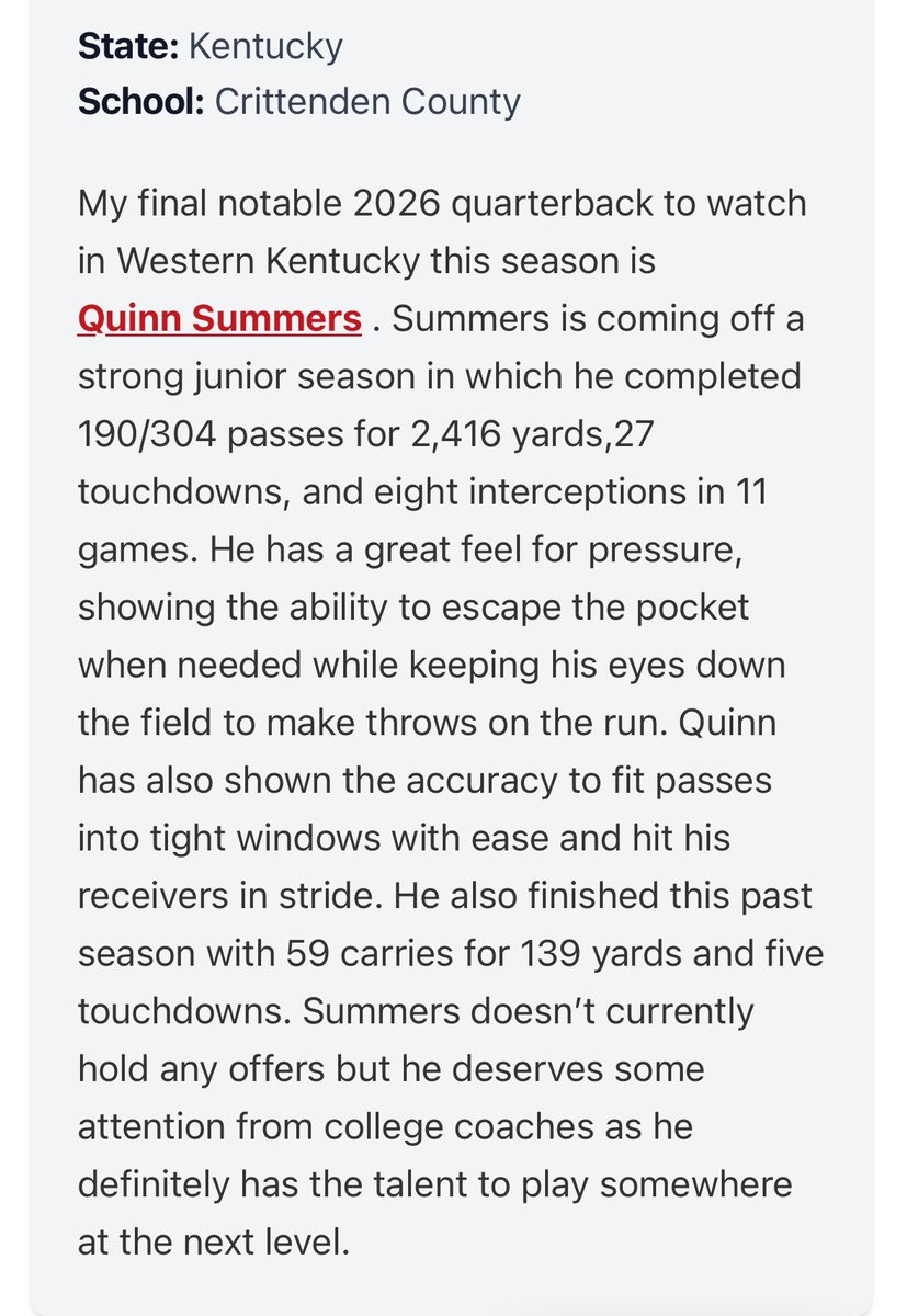 Quinn Summers (@quinn_summ12) on Twitter photo Appreciate the write up <a href="/LippertScouting/">Ryan Lippert</a> ‼️
Looking forward to a great senior season! Still lots to prove. Appreciate the write up <a href="/LippertScouting/">Ryan Lippert</a> ‼️
Looking forward to a great senior season! Still lots to prove.