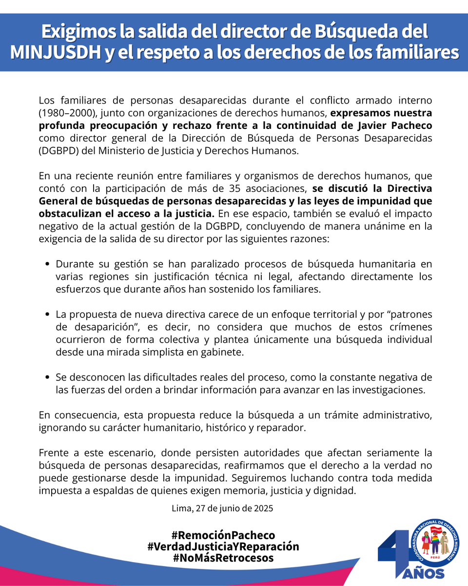 CNDDHH 🇵🇪 #NiUnMuertoMás (@cnddhh) on Twitter photo 🔴#ATENCIÓN
Exigimos la salida del director de Búsqueda del <a href="/MinjusDH_Peru/">Ministerio de Justicia y Derechos Humanos</a>.
👉🏾Familiares de desaparecidos y organizaciones de derechos humanos rechazamos la continuidad de Javier Pacheco como director de la Dirección de Búsqueda, por paralizar procesos sin justificación y 🔴#ATENCIÓN
Exigimos la salida del director de Búsqueda del <a href="/MinjusDH_Peru/">Ministerio de Justicia y Derechos Humanos</a>.
👉🏾Familiares de desaparecidos y organizaciones de derechos humanos rechazamos la continuidad de Javier Pacheco como director de la Dirección de Búsqueda, por paralizar procesos sin justificación y