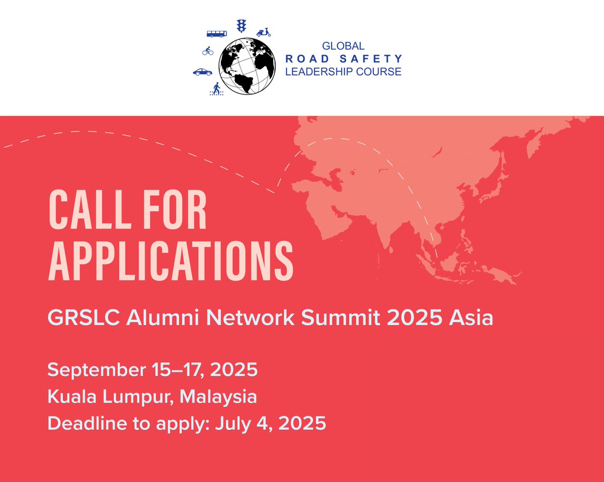 Global Road Safety Leadership Course (@globalrslc) on Twitter photo Will you join us in Malaysia? 🌏
<a href="/HopkinsINJURIES/">Johns Hopkins Intl. Injury Research Unit</a> and <a href="/grspartnership/">Global Road Safety Partnership</a> invite GRSLC alumni in Asia to apply for the first Alumni Network Summit—focused on regional leadership, connection and professional growth.
Apply by July 4, 2025: bit.ly/46hi3uiw Will you join us in Malaysia? 🌏
<a href="/HopkinsINJURIES/">Johns Hopkins Intl. Injury Research Unit</a> and <a href="/grspartnership/">Global Road Safety Partnership</a> invite GRSLC alumni in Asia to apply for the first Alumni Network Summit—focused on regional leadership, connection and professional growth.
Apply by July 4, 2025: bit.ly/46hi3uiw