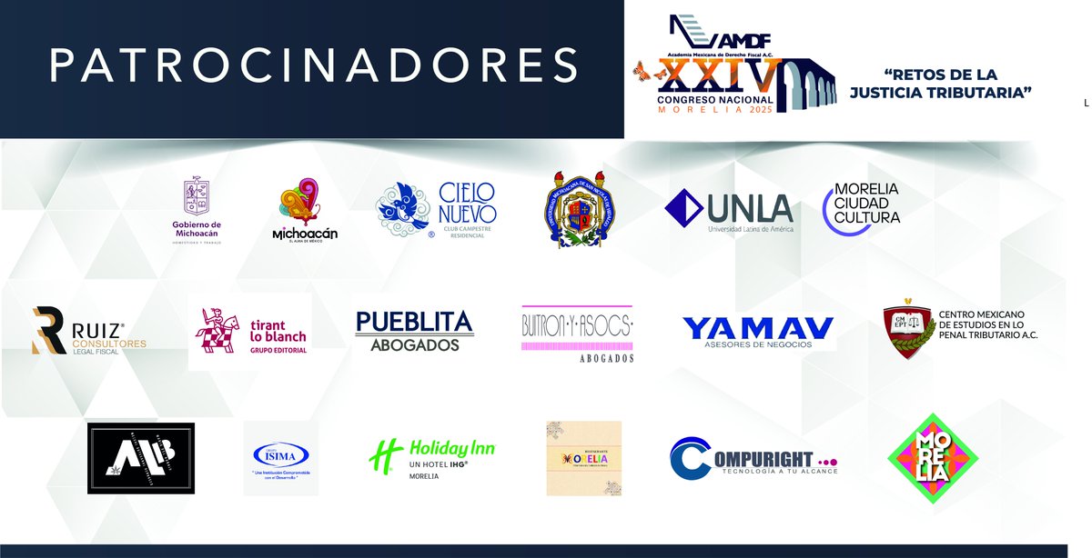 AMDF (@amdf4) on Twitter photo Agradecemos a nuestros patrocinadores del XXIV Congreso Nacional de la Academia Mexicana de Derecho Fiscal.
<a href="/domingoruizl/">Domingo Ruiz López</a> <a href="/ArturoPueblita/">Arturo Pueblita</a> <a href="/Tirantmexico/">Tirant México</a> <a href="/miguelbuitronpi/">miguel buitron pined</a> <a href="/RuizConsultores/">Ruiz Consultores</a> @YamavAsesores <a href="/cmeptac/">Centro Mexicano de Estudios en lo Penal Tributario</a>
amdf.org.mx/congreso-anual… Agradecemos a nuestros patrocinadores del XXIV Congreso Nacional de la Academia Mexicana de Derecho Fiscal.
<a href="/domingoruizl/">Domingo Ruiz López</a> <a href="/ArturoPueblita/">Arturo Pueblita</a> <a href="/Tirantmexico/">Tirant México</a> <a href="/miguelbuitronpi/">miguel buitron pined</a> <a href="/RuizConsultores/">Ruiz Consultores</a> @YamavAsesores <a href="/cmeptac/">Centro Mexicano de Estudios en lo Penal Tributario</a>
amdf.org.mx/congreso-anual…