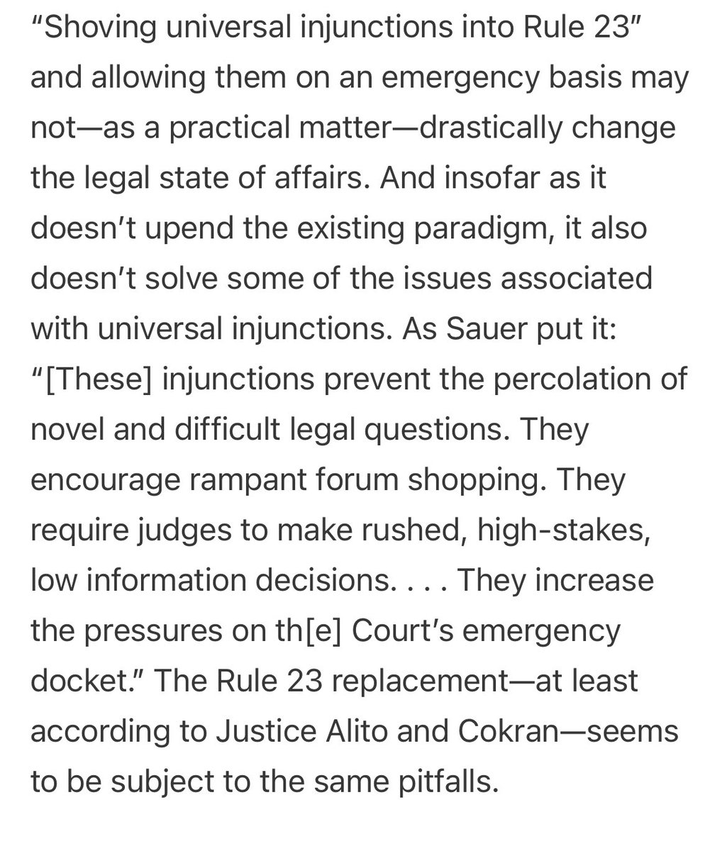 EliasNeibart's tweet image. In Justice Alito’s CASA concurrence he raised the same issue he brought up in oral argument: If universal injunctions are “shoved” into Rule 23, the legal state of play may remain largely unchanged.
For a discussion on his worry, check out my @DividedArgument post from last…