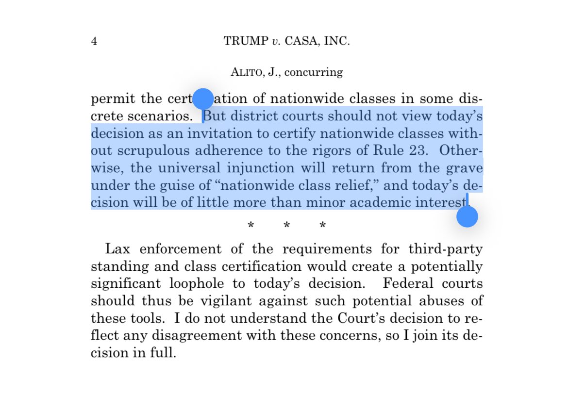 EliasNeibart's tweet image. In Justice Alito’s CASA concurrence he raised the same issue he brought up in oral argument: If universal injunctions are “shoved” into Rule 23, the legal state of play may remain largely unchanged.
For a discussion on his worry, check out my @DividedArgument post from last…