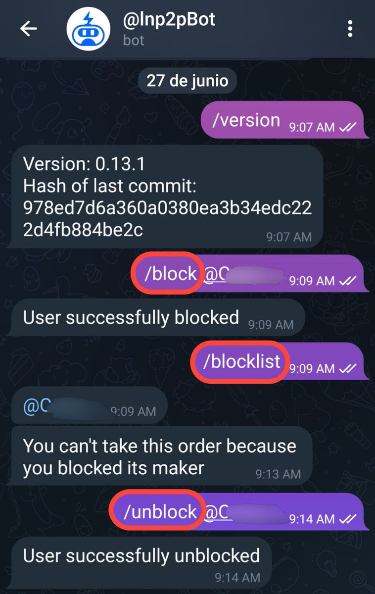 📢 @lnp2pbot version 0.13.1

‼️ New feature added: User Blocking 🙅‍♂

- Block users with the command /block @username. They won’t be able to take your offers, nor you theirs.
- View blocked users with /blocklist.
- Unblock users with /unblock @username.

🆕 Plus:  
- Enhanced