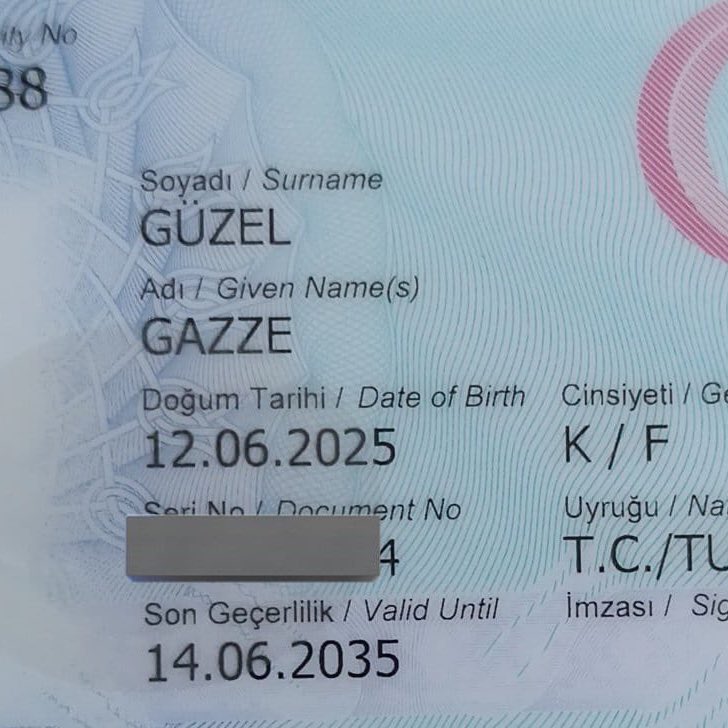 ⚪️ Türkiye’de bir vatandaş, yeni doğan bebeğine “Gazze” adını verdi.