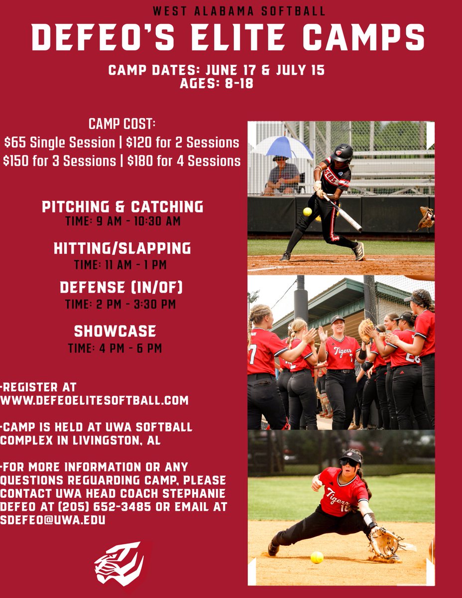 Jacob Stanley (@coachjstan11) on Twitter photo DeFeoโs Elite Camps at UWA is your opportunity to connect with our coaching staff, showcase your skills, and get an inside look at our campus and facilities. Our next camp is July 15th in Livingston, AL!
Register: defeoelitesoftball.com (Ages 8โ18).
<a href="/UWA_Softball/">UWA Softball</a> | <a href="/defo25/">Stephanie DeFeo</a> | DeFeoโs Elite Camps at UWA is your opportunity to connect with our coaching staff, showcase your skills, and get an inside look at our campus and facilities. Our next camp is July 15th in Livingston, AL!
Register: defeoelitesoftball.com (Ages 8โ18).
<a href="/UWA_Softball/">UWA Softball</a> | <a href="/defo25/">Stephanie DeFeo</a> |