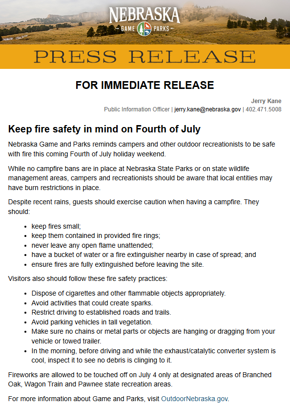 ➡️<a href="/NEGameandParks/">Nebraska Game and Parks</a> is reminding individuals to be safe with fire during the upcoming Fourth of July holiday weekend.

For more information, visit their website: outdoornebraska.gov/?utm_medium=em…