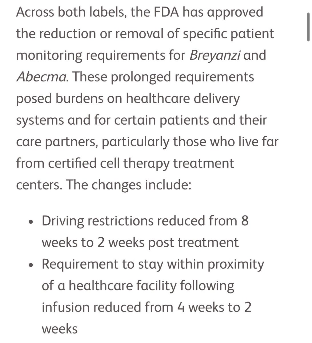 1/ Excellent news for 🇺🇸 patients receiving CAR-T therapy!

FDA has listened to data and relaxed CRS monitoring and driving restrictions for liso-cel for #lymsm / ide-cel for #MMsm.

Huge step to lower time toxicity and disparities.

Can this be fixed for all CAR-T products?