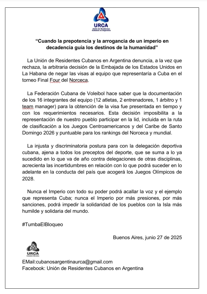 Consulado Cuba-ARG (@consulcuba_arg) on Twitter photo La URCA rechaza una vez más la injusticia en contra del pueblo de #Cuba y de sus representantes deportivos, en este caso, el equipo de voleibol femenino.
#JuntosPorCuba 
#TumbaElBloqueo La URCA rechaza una vez más la injusticia en contra del pueblo de #Cuba y de sus representantes deportivos, en este caso, el equipo de voleibol femenino.
#JuntosPorCuba 
#TumbaElBloqueo
