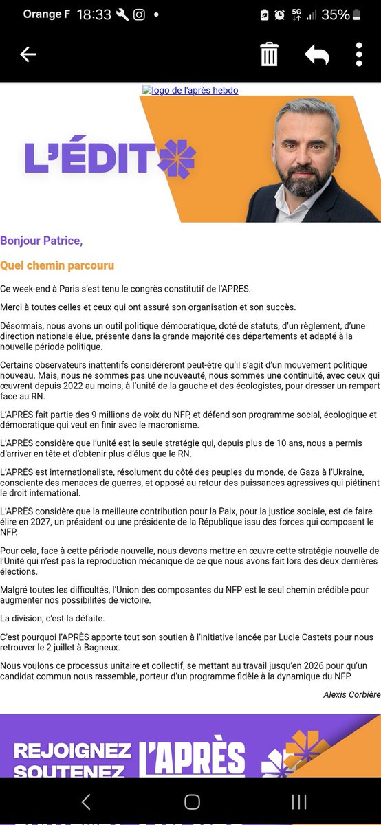 Dans ma #liane5 sympa de lire l'édito de <a href="/alexiscorbiere/">Alexis Corbière</a> . Oui <a href="/Apres_fr/">L’APRÈS</a>   fait partie des 9 millions de voix du #NFP, et défend son programme social, écologique et démocratique qui veut en finir avec le macronisme. Oui L'unité est la seule stratégie pour faire barrage au #RN.