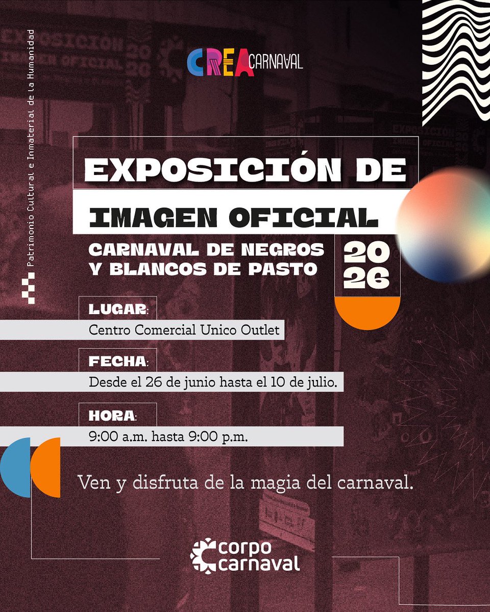 🎭 Ahora pueden disfrutar de la Exposición de la Imagen Oficial del Carnaval 2026 en un nuevo espacio.

📍 Centro Comercial Único Outlet
📅 Del 26 de junio al 10 de julio
🕘 De 9:00 a.m. a 9:00 p.m.

¡Vengan a darse una vueltica y disfruten de la magia del Carnaval!
!