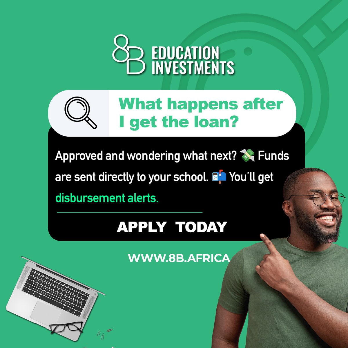 "Okay, I got the loan… now what?" 👀
We don’t disappear after loan disbursement. 8B walks with you — from navigating a visa, to arriving on campus, graduating, and beyond. We’re not just funding your future, we want to celebrate it with you.  8b.africa