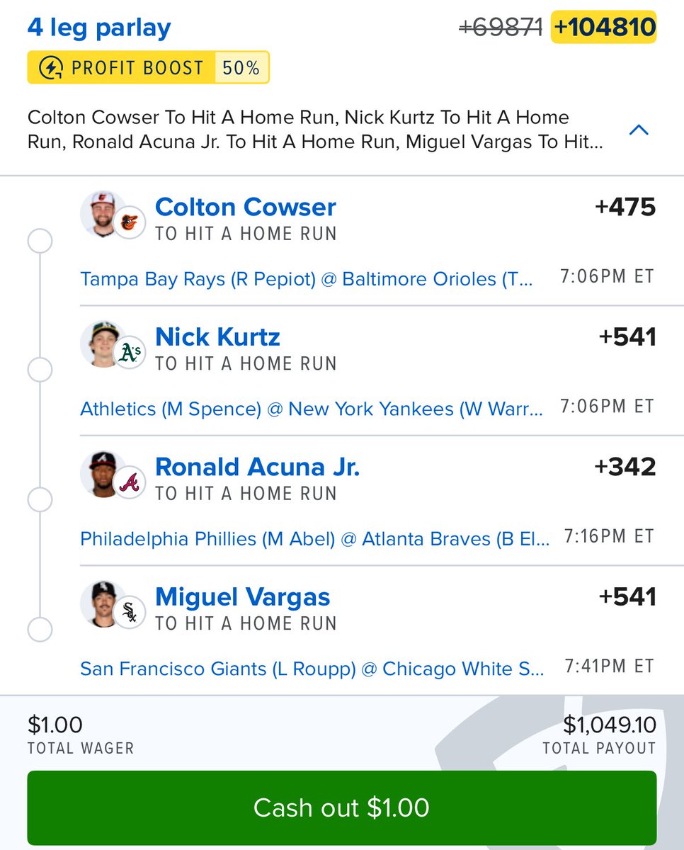 TheBettingBrew's tweet photo. MLB HOME RUN LOTTO 💣 

4 PLAYERS. 4 BOMBS. BIG WIN. 

$1 ➡️ $1,000+ 

#MLB #MLBLotto #MLBHRLotto #HomeRun #HomeRunLotto #HomeRunParlay #BirdLand #Athletics #BravesCountry #WhiteSox #PrizePicks #GamblingX https://t.co/dXdNVaIH1F