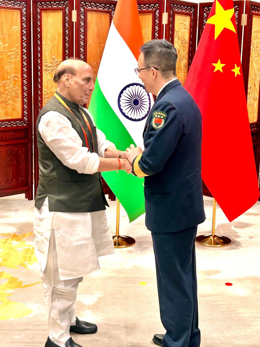 PRO Defence, Manipur, Nagaland & South Arunachal (@prodefkohima) on Twitter photo Raksha Mantri Shri <a href="/rajnathsingh/">Rajnath Singh</a> held a bilateral meeting with his #Chinese counterpart Admiral Dong Jun on the sidelines of #SCO Defence Ministersβ meeting in Qingdao, #China. The two Ministers held in-depth discussions on the need to maintain peace and tranquility along the Raksha Mantri Shri <a href="/rajnathsingh/">Rajnath Singh</a> held a bilateral meeting with his #Chinese counterpart Admiral Dong Jun on the sidelines of #SCO Defence Ministersβ meeting in Qingdao, #China. The two Ministers held in-depth discussions on the need to maintain peace and tranquility along the
