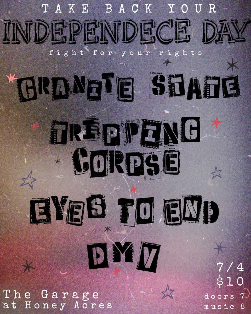 ONE WEEK AWAY

THE GARAGE IN BOYDS, MD WITH TRIPPING CORPSE, EYES TO END, AND DMV