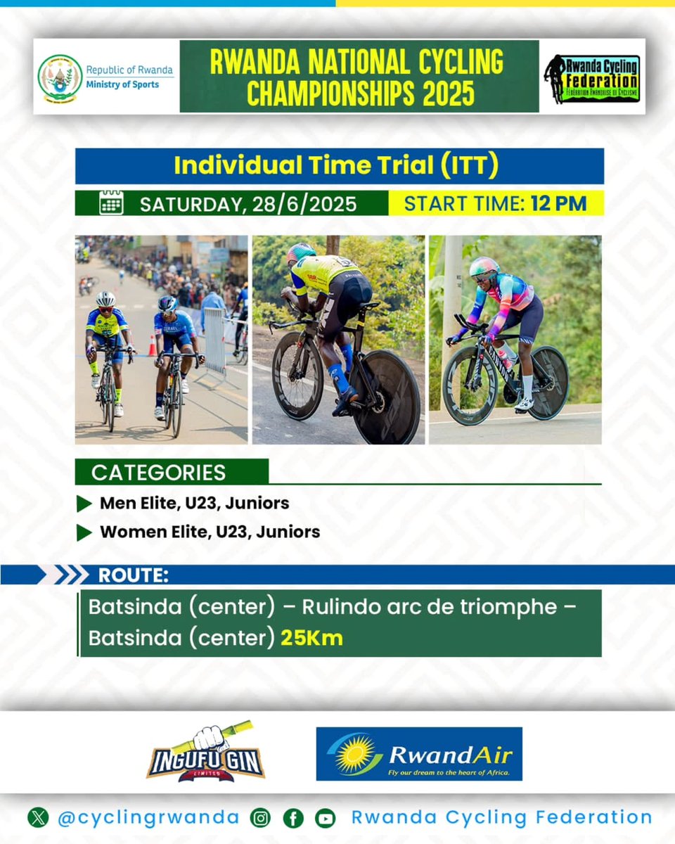 Rwanda National Cycling Championships 2025

Kuri Uyu wagatandatu Harakinwa umunsi wambere wa RNCC Mu gusiganwa nibihe Kumuntu kugiti cye (ITT)

Isiganwa rizatangira Saa 12 PM Batsinda Center bagana Rurindo arc bagaruka Batsinda Center kuntera ya Kilometero 25.

<a href="/cyclingrwanda/">𝙁𝙀𝙍𝙒𝘼𝘾𝙔</a> 🙏🏿