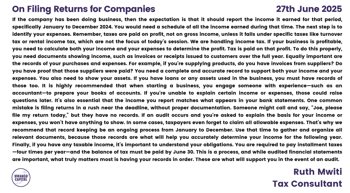 Some wise words on filing tax returns for your business: 

"One common mistake is filing returns in a rush near the deadline, without proper documentation."  - <a href="/RuthMwiti2/">Ruth Mwiti</a> 

#MwangoSpaces