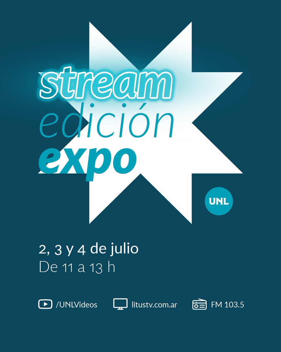 🎙️ No te pierdas el #StreamEdicionExpo
📆 2,3 y 4 de julio.
⏰ De 11 a 13h.

#FIQUNL tiene su espacio el miércoles 2/07 a las 12.20h ¡Prendete! 🙌

▶️ /UNLvideos
📺 litustv.com.ar
📻 FM 103.5
