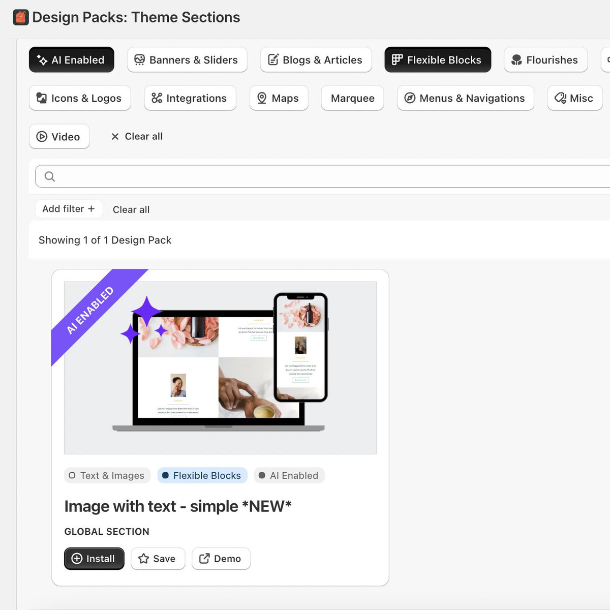dear_trudence's tweet image. We're rolling out our 🎒sections to be compatible with Horizon. The new AI generate block ✨💜 & new block structure. It's also quite exciting that these can be added to Dawn or any existing theme and just work🙌 Get all the benefits without having to start from scratch 😁